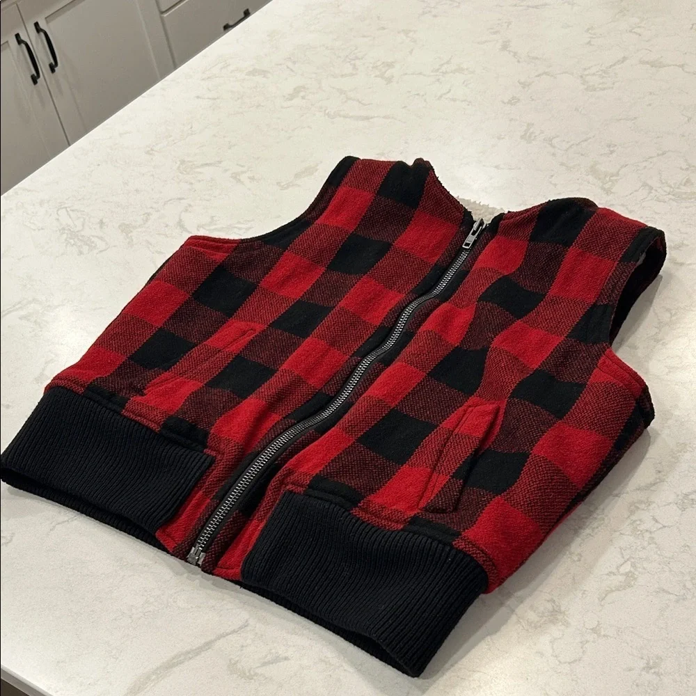 Madewell Wool Buffalo Check Sherpa Fleece Lined Vest Full Zip Knit Collar XL